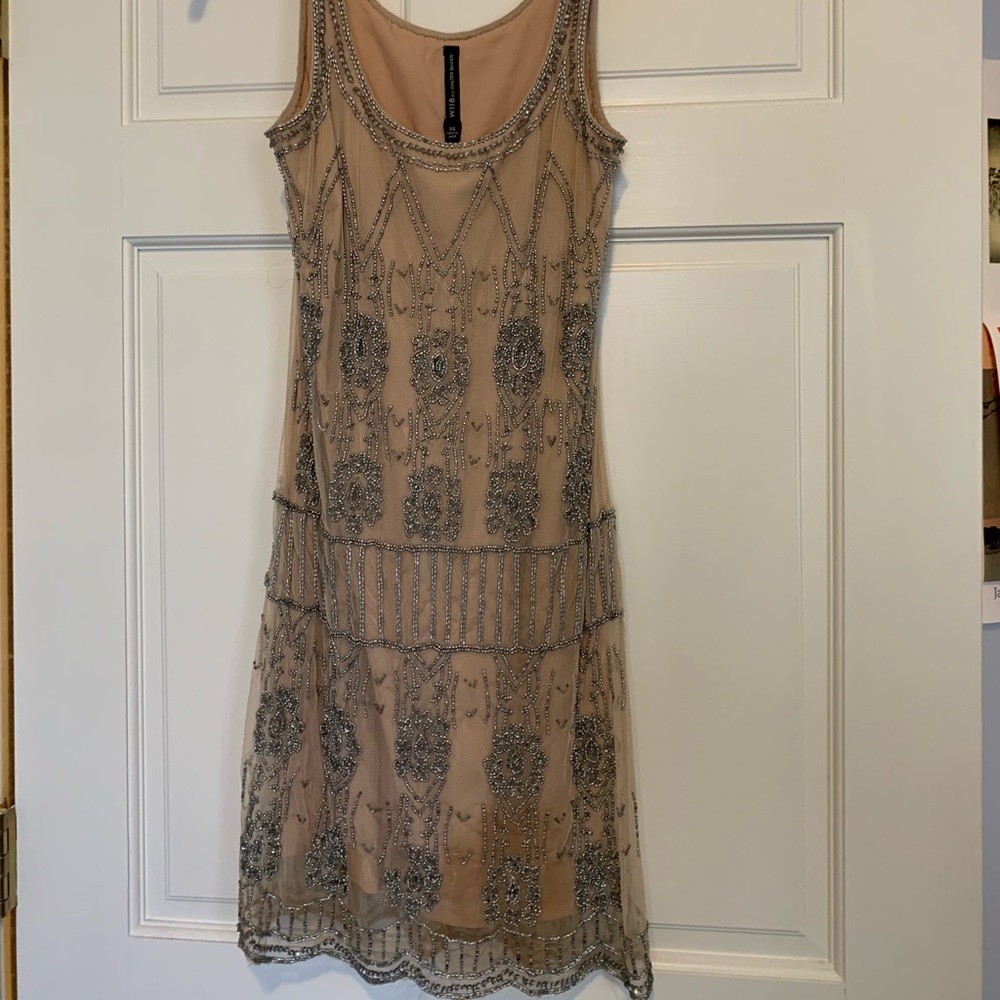 XS peach/nude with silver beaded mini dress by W118 by Walter Baker